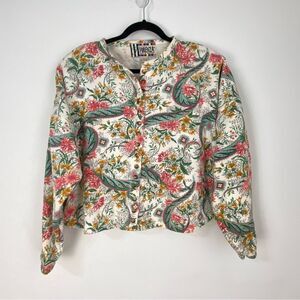 Forenza Womens L‎ Sweatshirt White Floral Paisley Cropped Button-Up Cottagecore